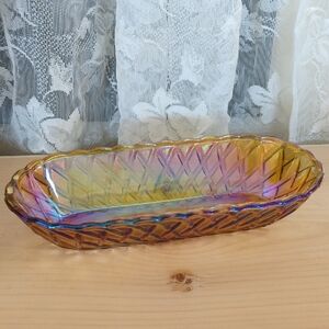 Indiana Glass Amber Carnival Basket Weave Dish